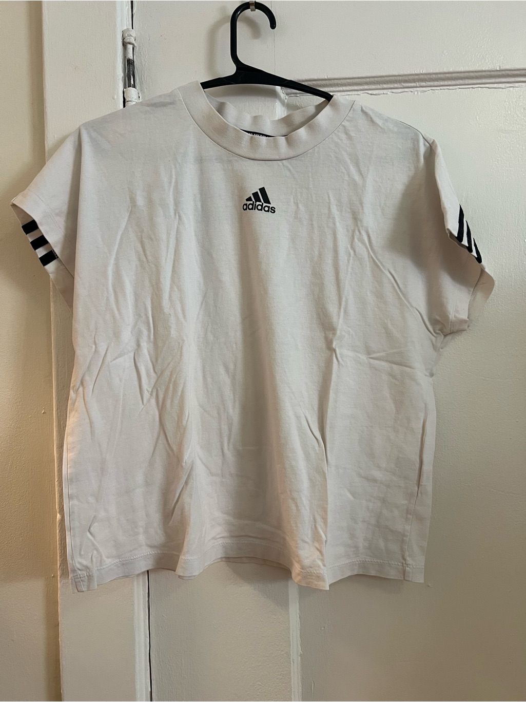 Adidas White Logo Tee With Black Stripe Sleeves Size S
